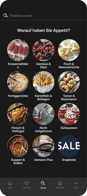 App-Screenshot der Eismann App mit Produktkategorien wie Eisspezialitäten, Gemüse, Fisch, Fertiggerichte und Backwaren.