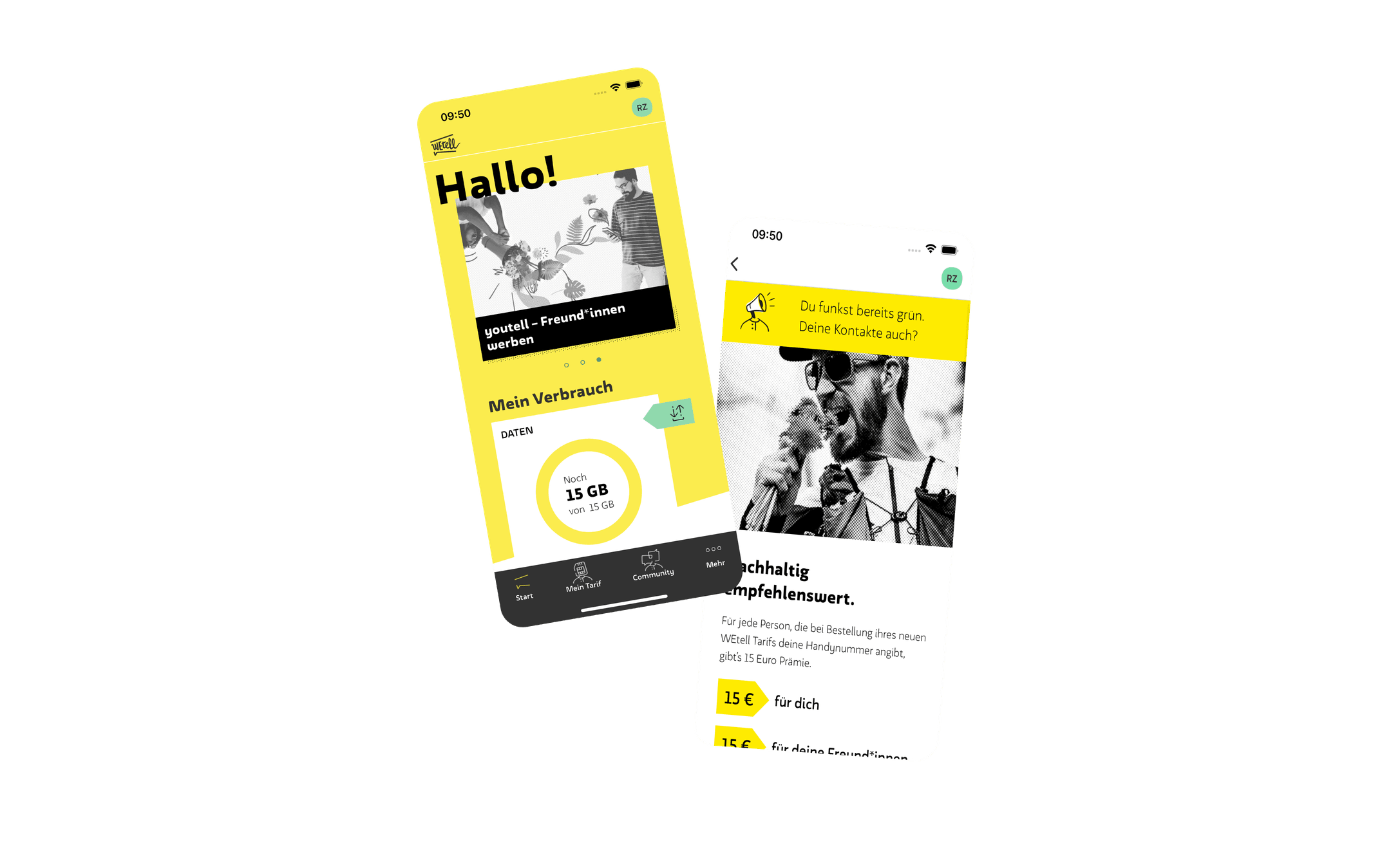 In den nächsten Abschnitten werden mehrere Abbildungen von der WEtell App präsentiert. Als erstes wird die Startseite der WEtell App gezeigt, auf dem der persönliche Datenverbrauch abgebildet ist. Ein weiterer Screen fordert dazu auf nachhaltigen Mobilfunk zu teilen und Prämien zu erhalten.