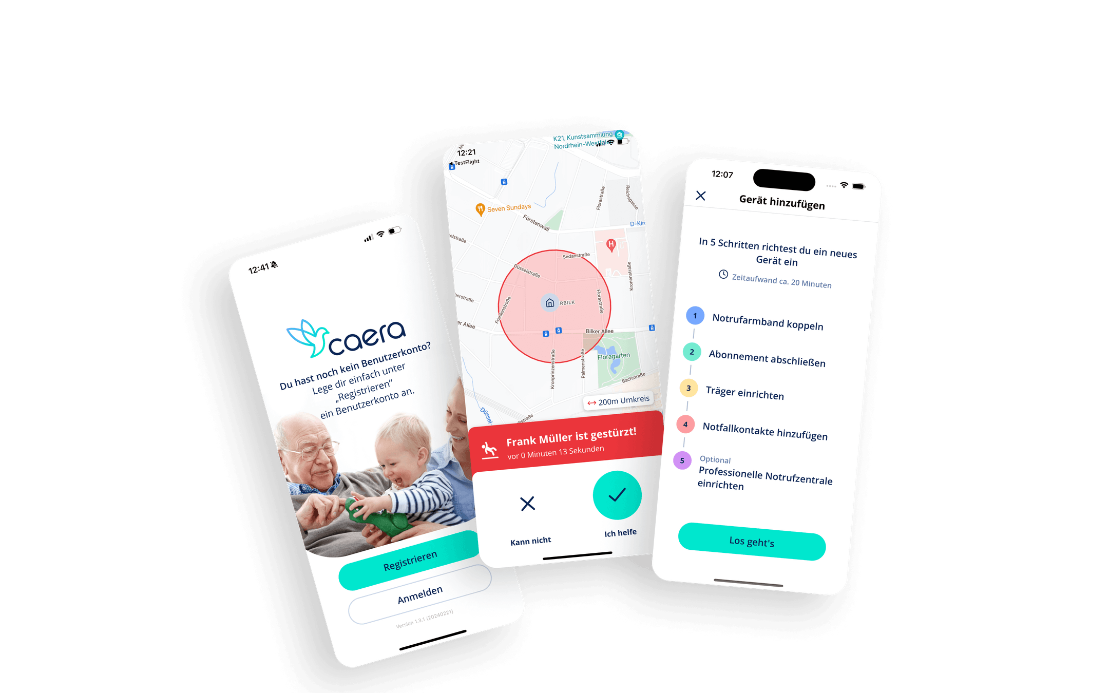 Zwei Screens liegen vor, die die Registrierungsseite der Caera App zeigen und  eine Karte des Standortes, wo ein Benutzer gestürzt ist, mit Optionen für schnelle Reaktion. Ein weiterer Screen demonstriert die Anleitung zum Einrichten eines Sturz Geräts in der Caera App und fünf Schritte zur Aktivierung des Notrufarmbands.
