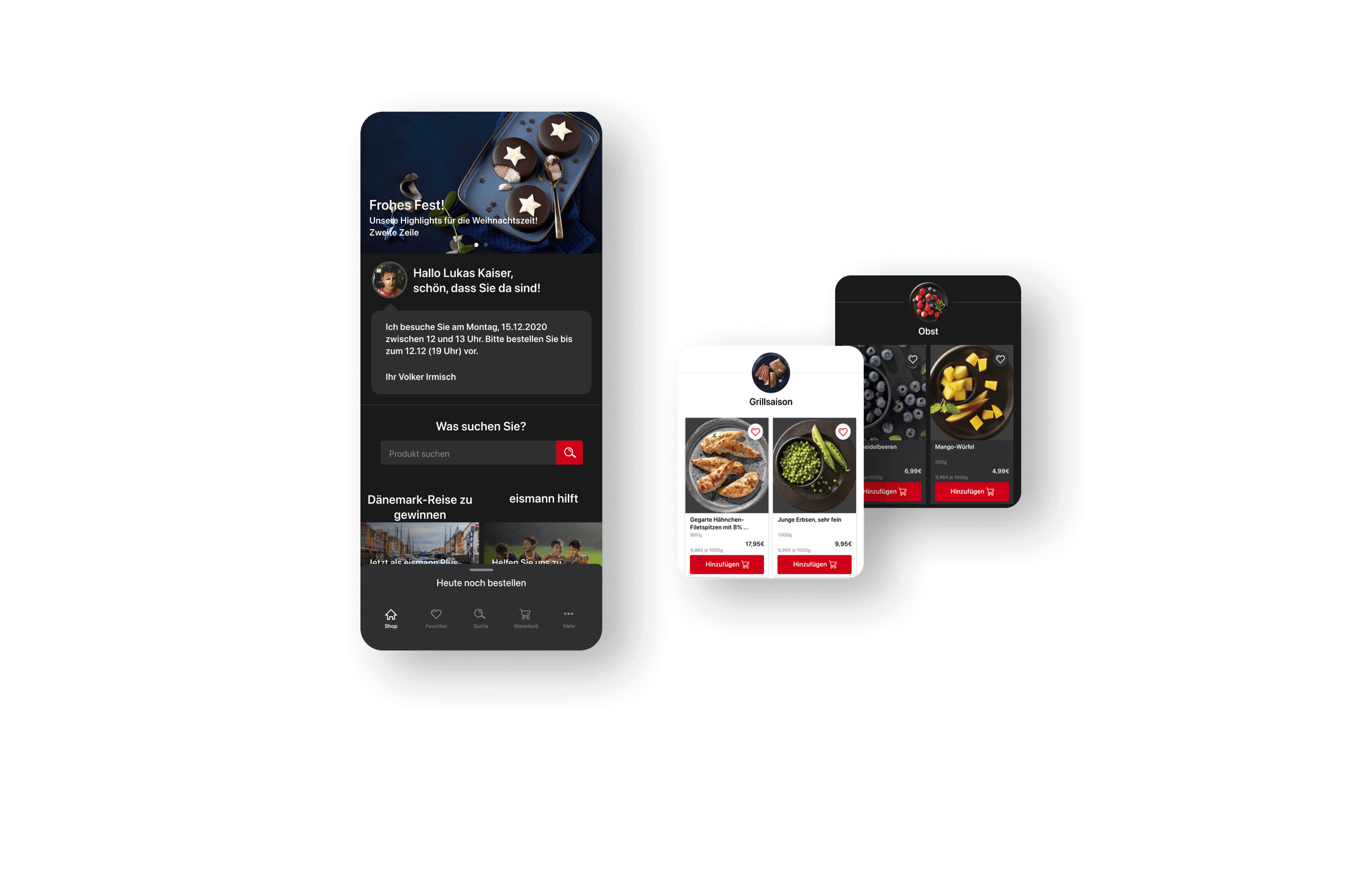 Auf den nächsten Abbildungen werden Produktübersichten in Light- und Darkmode der Screens dargestellt, sowie die Ankündigung einer neuen Lieferung.