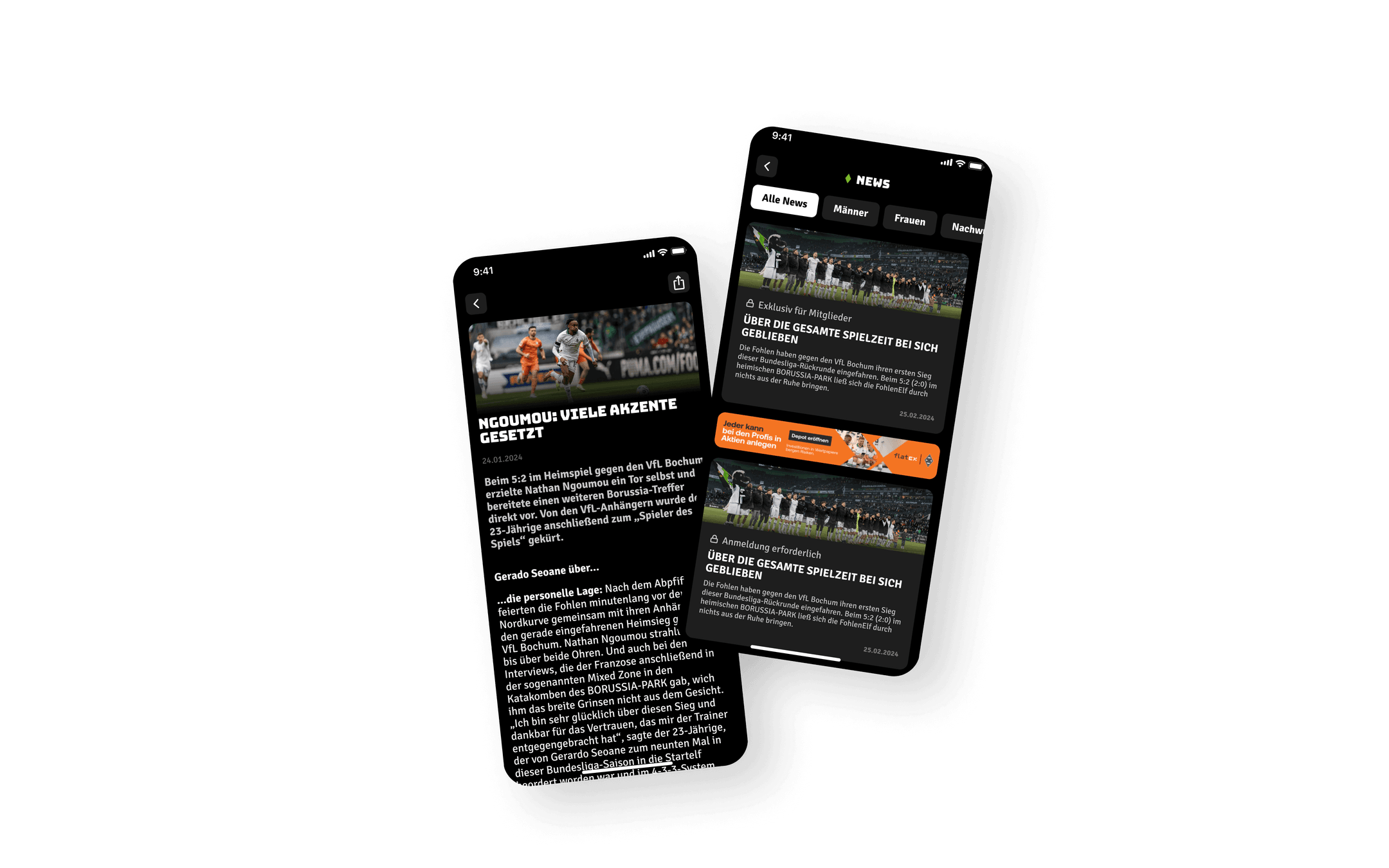 Der folgende Abschnitt präsentiert den News Feed der FohlenApp mit exklusiven Mitgliederinhalten und Spielübersichten von Borussia Mönchengladbach.
