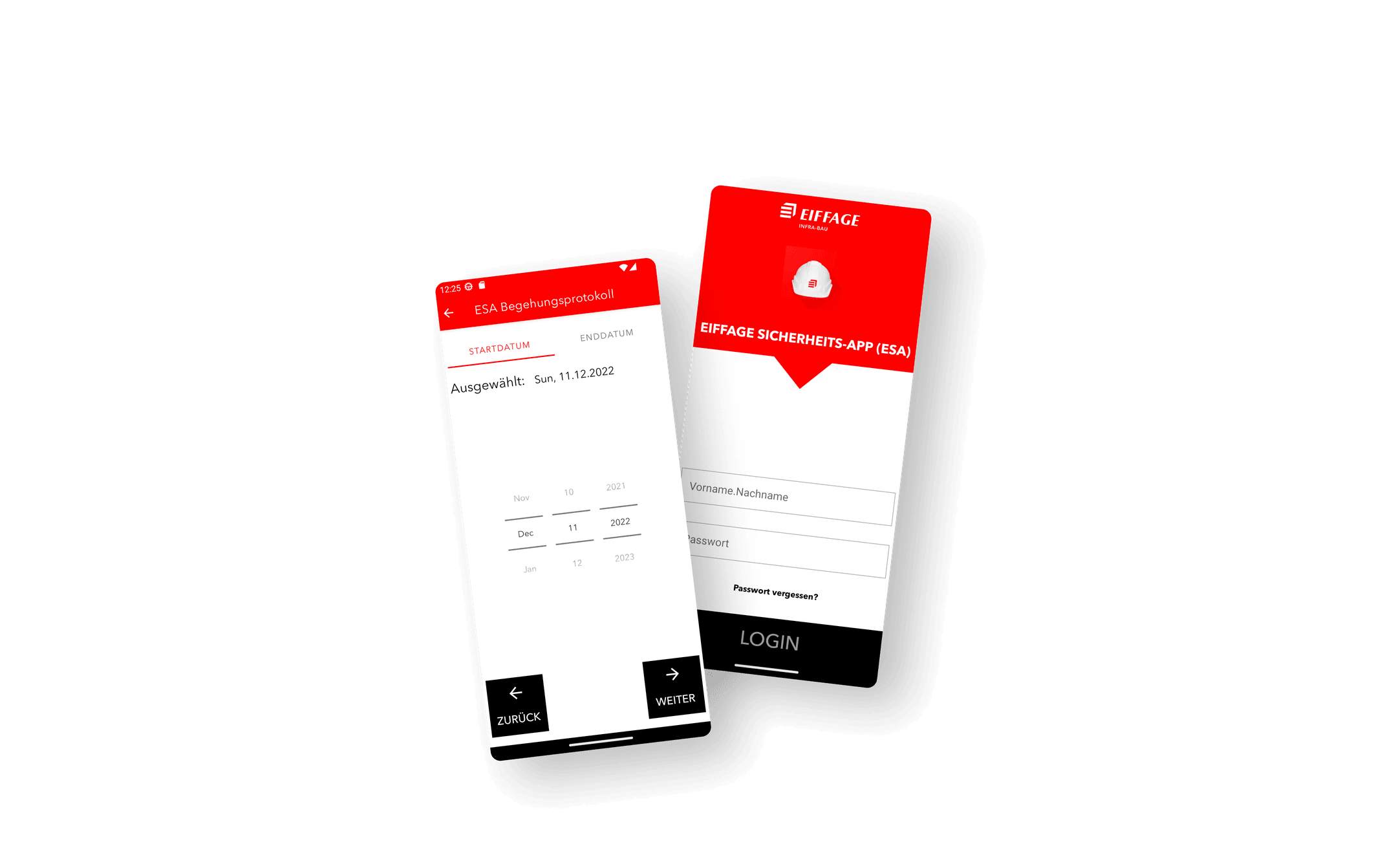 Im dritten Abschnitt wird zum einen die Protokollierung von Sicherheitsbegehungen auf Baustellen auf einem Screen präsentiert und zum anderen der Login-Screen mit Eingabefeldern.