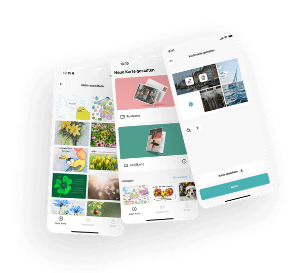 Ein Abschnitt zeigt Screens mit Motiven zur Erstellung individueller Postkarten sowie detaillierten Beschreibungen. Du kannst Bilder aus verschiedenen Vorlagen auswählen.