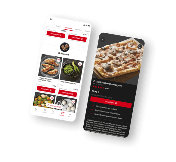 In den nächsten Abschnitten werden mehrere Screendesigns der Eismann App präsentiert. Zwei Screens zeigen eine allgemeine und detaillierte Übersicht von den Tiefkühlprodukten. 