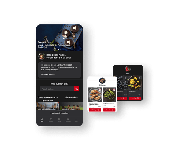 Auf den nächsten Abbildungen werden Produktübersichten in Light- und Darkmode der Screens dargestellt, sowie die Ankündigung einer neuen Lieferung.