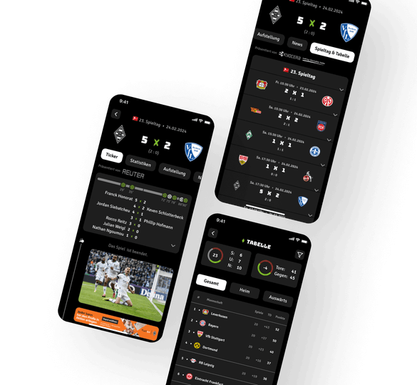 Der dritte Abschnitt stellt einen Screen mit Liveticker, Ergebnisdetails und Spielerstatistiken nach einem Spiel von Borussia Mönchengladbach dar. Drei weitere Screens zeigen die Spielerrollen, wie Verteidiger oder Torwart, die Bundesliga-Tabelle mit aktuellen Platzierungen sowie die Bundesliga-Ergebnisse mit den Spielresultaten.