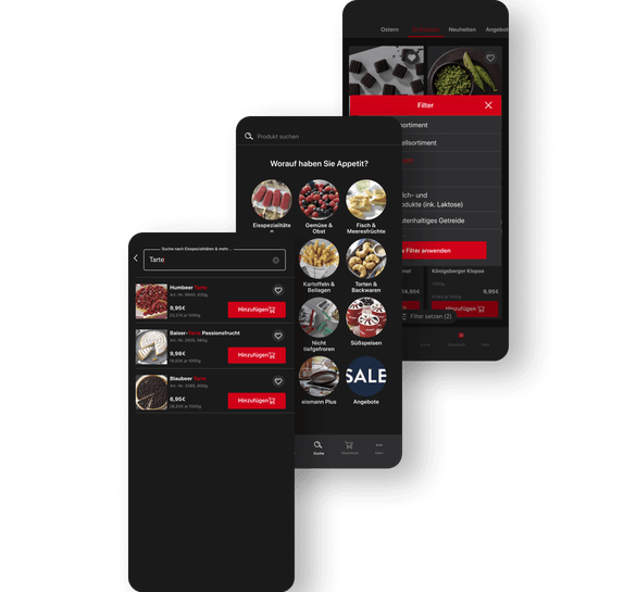Drei weitere Abbildungen der App zeigen die Suchergebnisse nach Produkten, ein übersichtliches Kategoriesystem zu vereinfachten Suche nach Essensspezialitäten und Detailansichten von Filteroptionen. 
