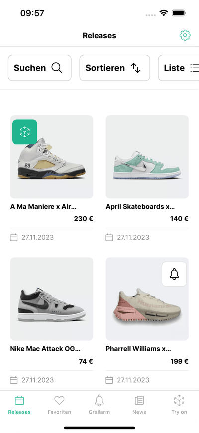 Zur Veranschaulichung der Grailify App wird ein Screendesign dargestellt, auf dem du neue Sneaker-Releases entdecken kannst! 