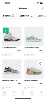 Zur Veranschaulichung und für einen kurzen Blick in die Grailify App, wird ein Screendesign mit neuen Sneaker-Releases dargestellt.