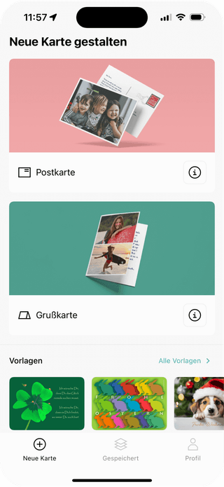 Zur Veranschaulichung liegt hier ein Screen der Pokamax App vor, um darzustellen, dass es sich hier um benutzerfreundliche, personalisierte Kartengestaltung  -und Versendung mit Vorlagen handelt.