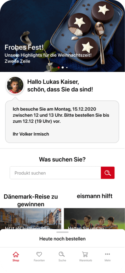 Abbildung eines Screens der Eismann App, auf dem die die nächste Lieferung von Eismann in einer persönlichen Nachricht angekündigt wird. Dies betont den individuellen Service und Kundennähe.