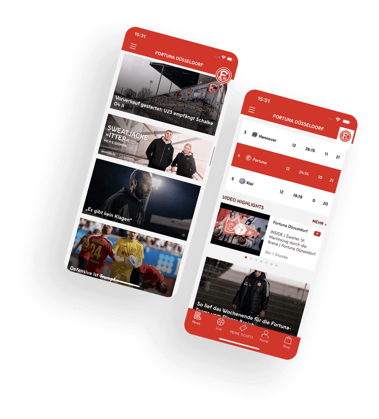 Um die Fortuna Düsseldorf App darzustellen, werden Screens mit Design-Elementen wie News, Spieltabelle und Fan-Inhalten bereitgestellt.