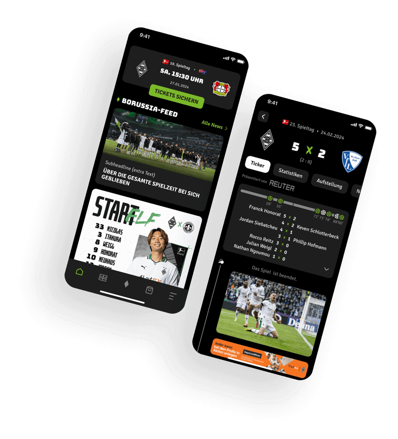 Abbildung von Screendesigns der FohlenApp des Fußballvereins Borussia Mönchengladbach mit Funktionen wie aktuelle News, Live-Ticker, digitale Tickets und detaillierte Spielstatistiken.